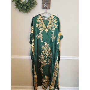 Winlar Womens Caftan Kaftan Green Gold Floral Satin One Size Boho House Dress